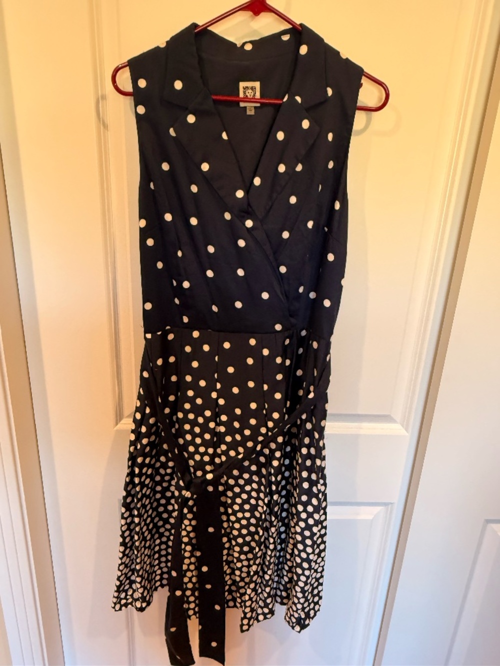 Sleeveless shirt dress, Ann Klein, navy with polka dots, size 14